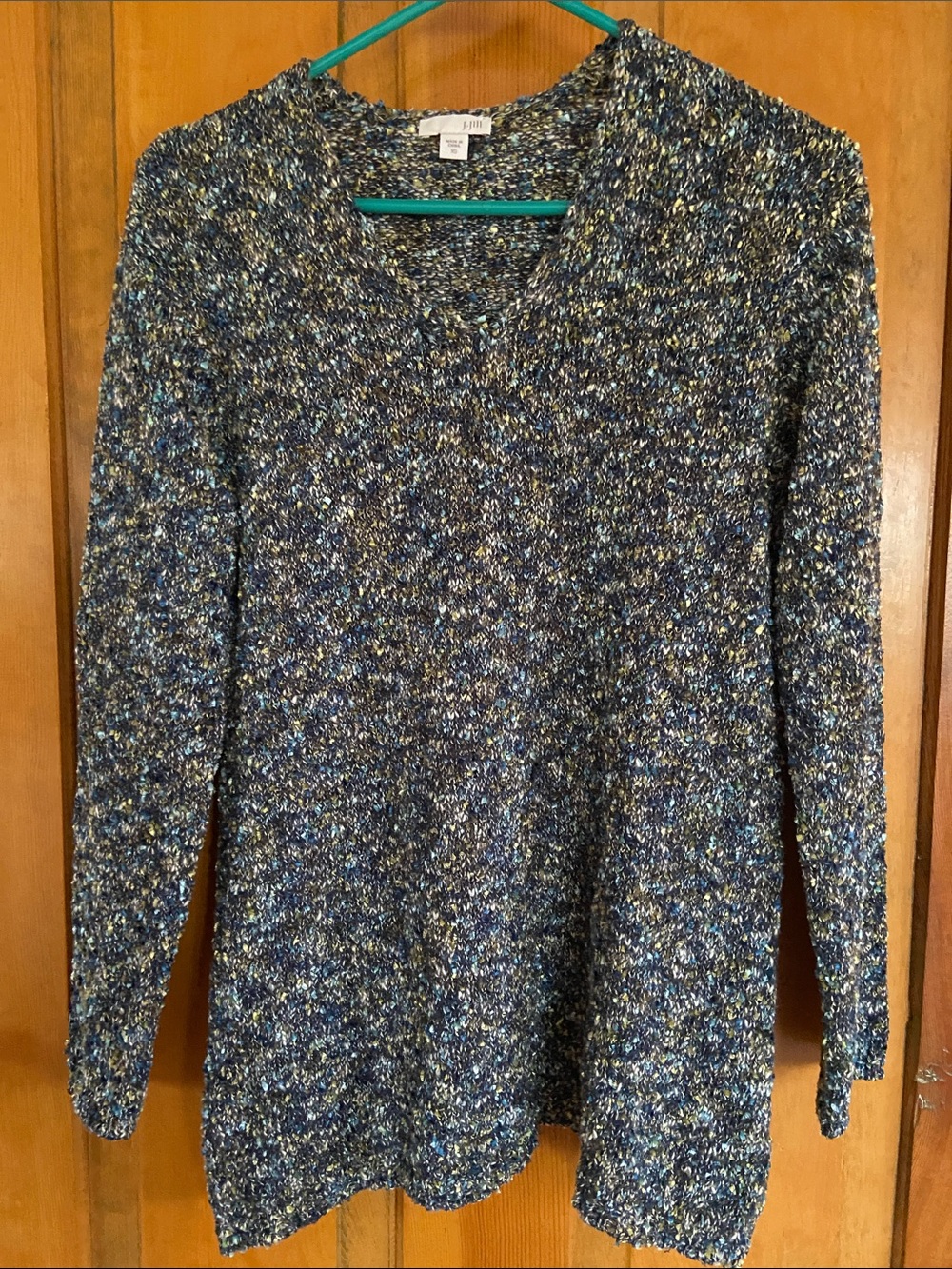 J. Jill Navy Speckled V‑Neck Sweater with Blue and Green Flecks